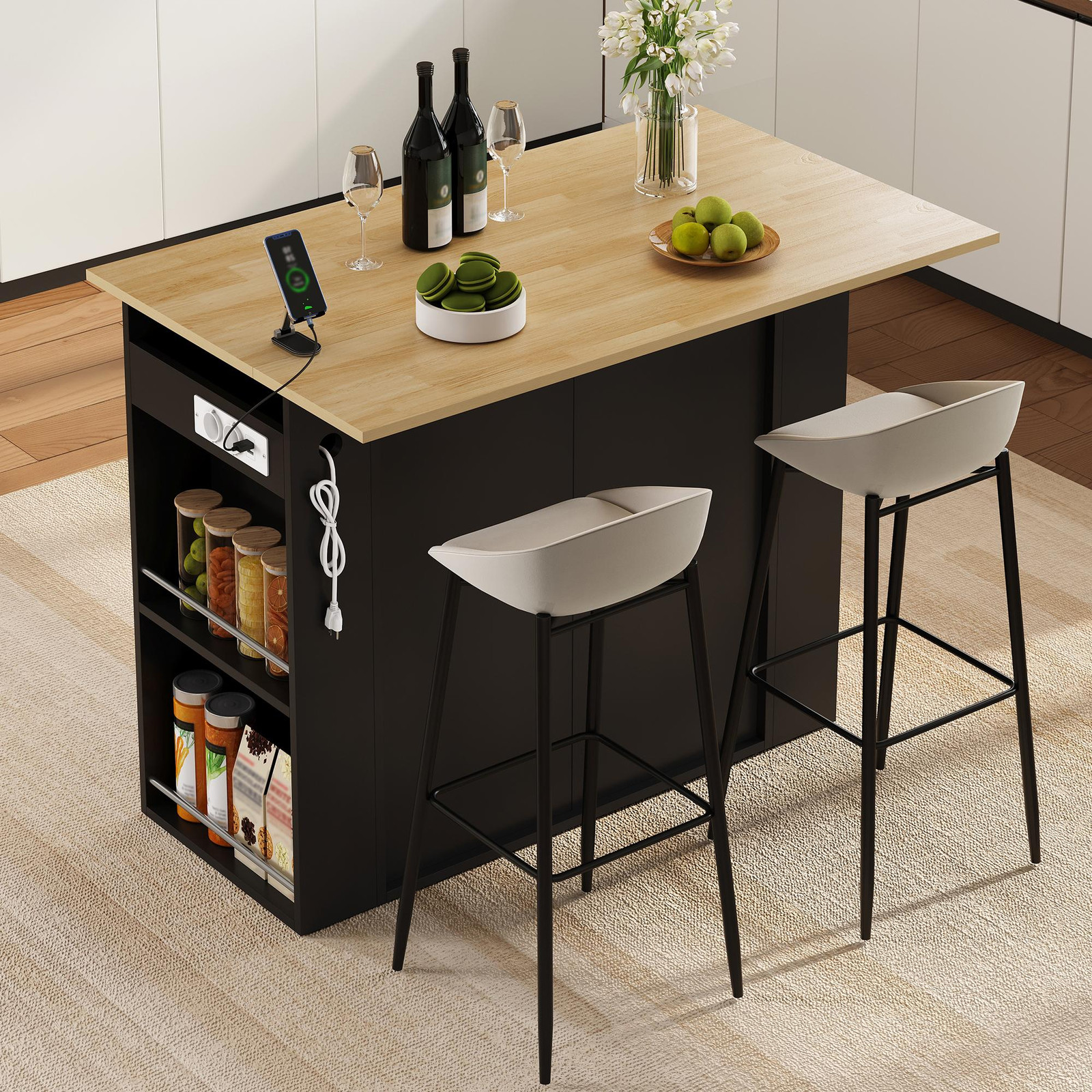 STILVORA Keukenblok met opklapbaar werkblad, keukenkast met 2 deuren, 1 lade en open zijplanken, koffiebar met stopcontacten