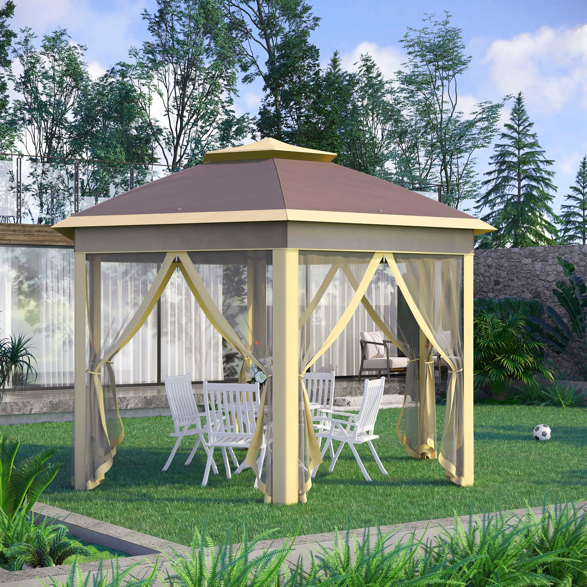 Outsunny Gazebo Pieghevole da Giardino con Zanzariera e Doppio Tetto 405x340x285 cm, Beige Aosom