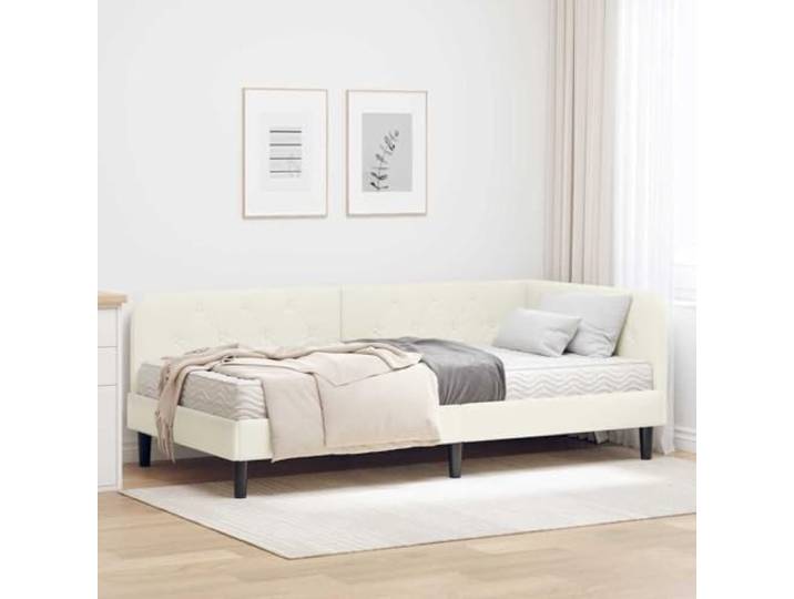 Samt L Form Eckbettrahmen Sperrholz Schlafzimmer Creme 90 x 190 cm Eckbettgestell mit Matratze und Kopfteil Creme 90x190 cm Samt L-Form Modernes Raumwunder