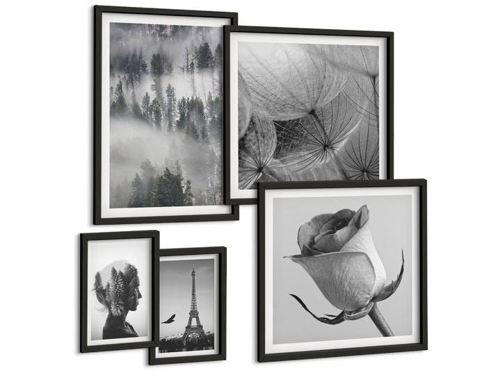 BILDER SET 5er Set - 50x50 cm & 20x30 cm & 40x60 cm Schwarzer Rahmen - Zitrusbäume in einem sonnigen Garten