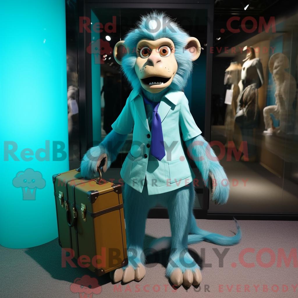 Maskottchenfigur REDBROKOLY eines Cyan-Pavians mit Bleistiftrock und Aktentasche