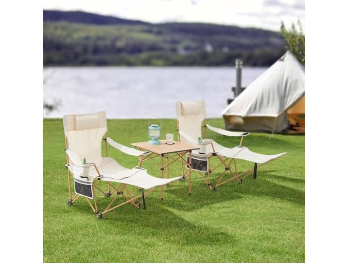 casa.pro Campingmöbelset Bellante 3-TLG. Campingset 2 Stühle und Tisch faltbares Picknickset aus Textilgewebe Klappstühle mit 2 Becherhaltern und Fußstütze Beige