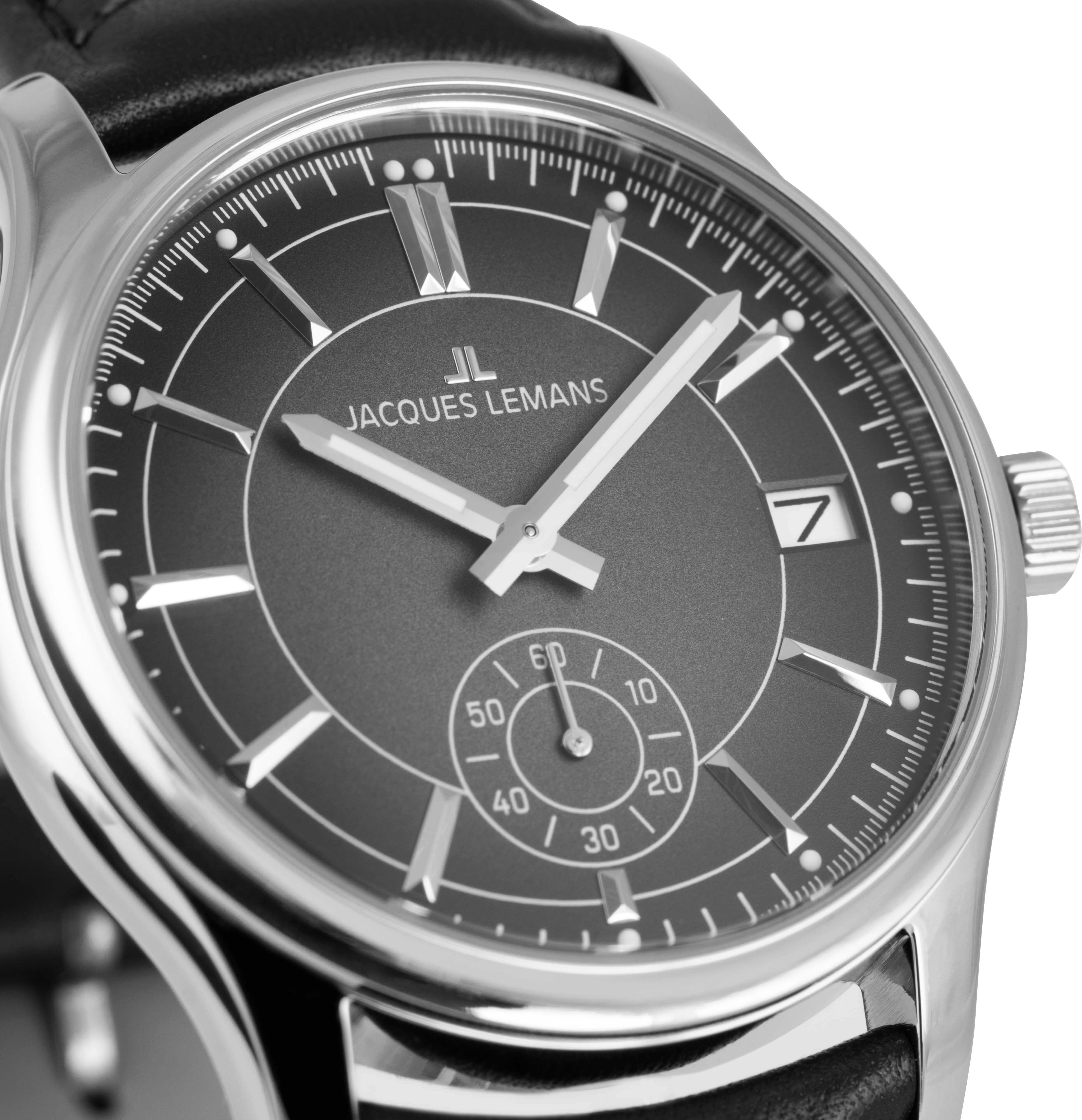 Quarzuhr JACQUES LEMANS "Derby", schwarz (schwarz, schwarz, schwarz), Armbanduhren, Herren, silberfarben, Quarzuhr, Armbanduhr, Herrenuhr, Lederarmband, analog, Tag, kleine Sekunde