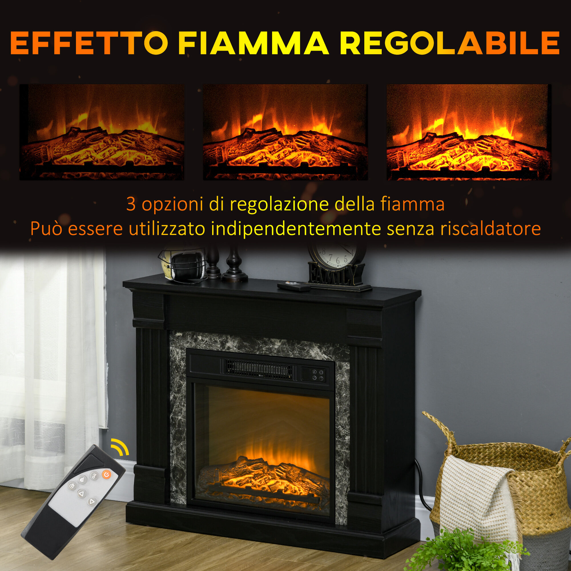 Altro Camino Elettrico Da Terra Con Timer, Fiamma E Temperatura Regolabile, 80x21.6x67.8 Cm, Nero