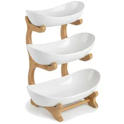 Relaxdays Obst Etagere Bambus & Kunststoff, 3 Etagen, HBT: 34x25x10 cm, Schalenetagere, Obstschale Küche, natur/weiß