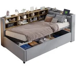 Polsterbett Schlafsofa 90x200cm mit hydraulischem Stauraum, Nachtlicht und USB- sowie Type-C-Anschlüssen–elegantes Design und funktionale Details Grau