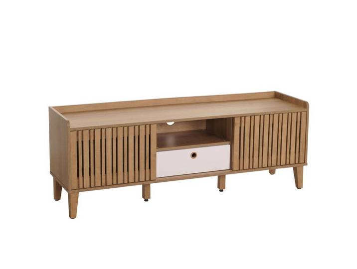 Rack TV HWC-M48 Buffet bas Armoire TV porte coulissante en bois massif de manguier 56x150x40cm - naturel tiroir blanc