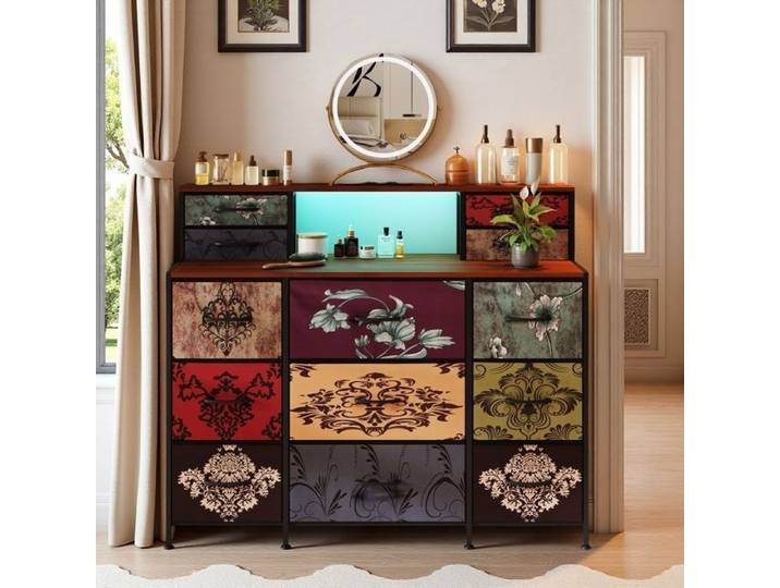 Coiffeuse Commode à Tiroirs avec LED et USB 13 Tiroirs en Tissu Armoire de Rangement Rétro pour Chambre Métal 110x28×98 cm
