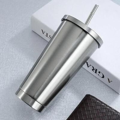Uplifted Trends Premium Large Insulated Stainless Steel Cup With Straw Portable Travel Coffee Tumbler silver