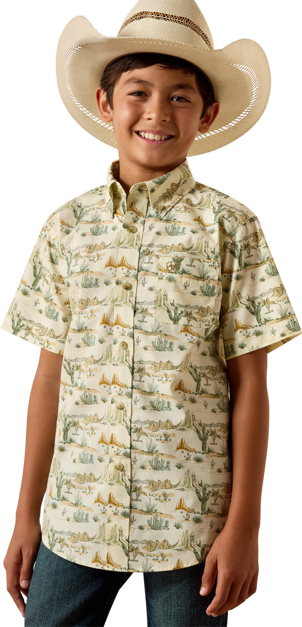 Kid's Sable Shirt in Almond Oil Scenic Print, Size: Medium by Ariat