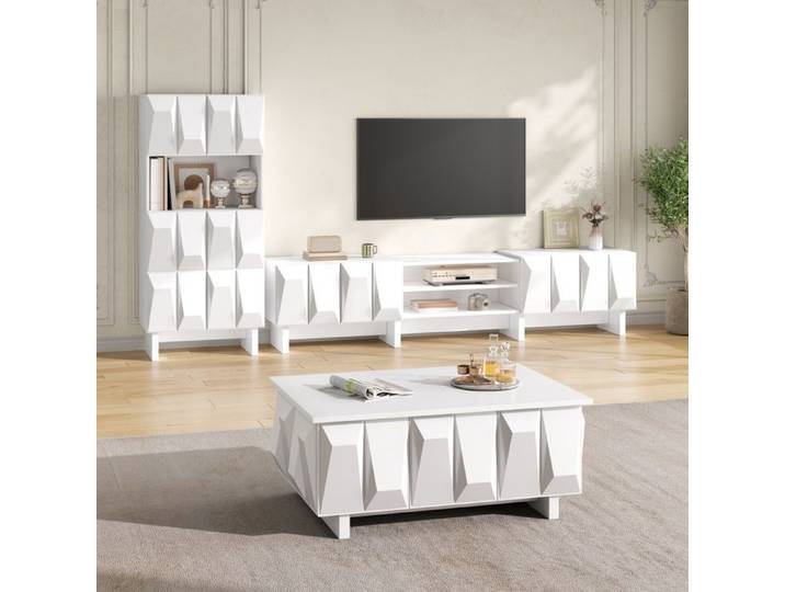 ELVORIN Ensemble salon 3 pièces meuble TV 180 cm vitrine et table basse blanches façades 3D