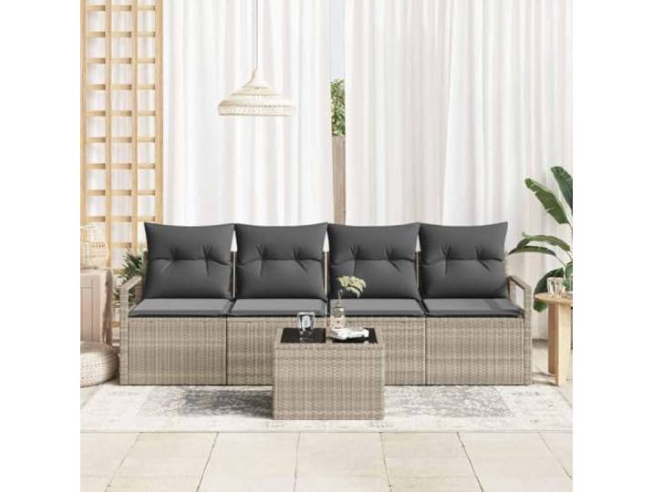 KTHLBRH 5-teiliges Sofa-Set aus Polyrattan, hellgrau, dunkelgrau Modular, Stahlrahmen, abnehmbare Kissen, Glastisch, für Terrasse