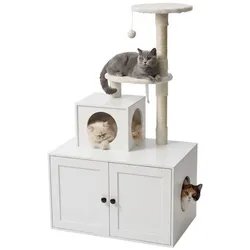 Relaxdays Kratzbaum mit Katzenklo-Schrank Weiß,Creme