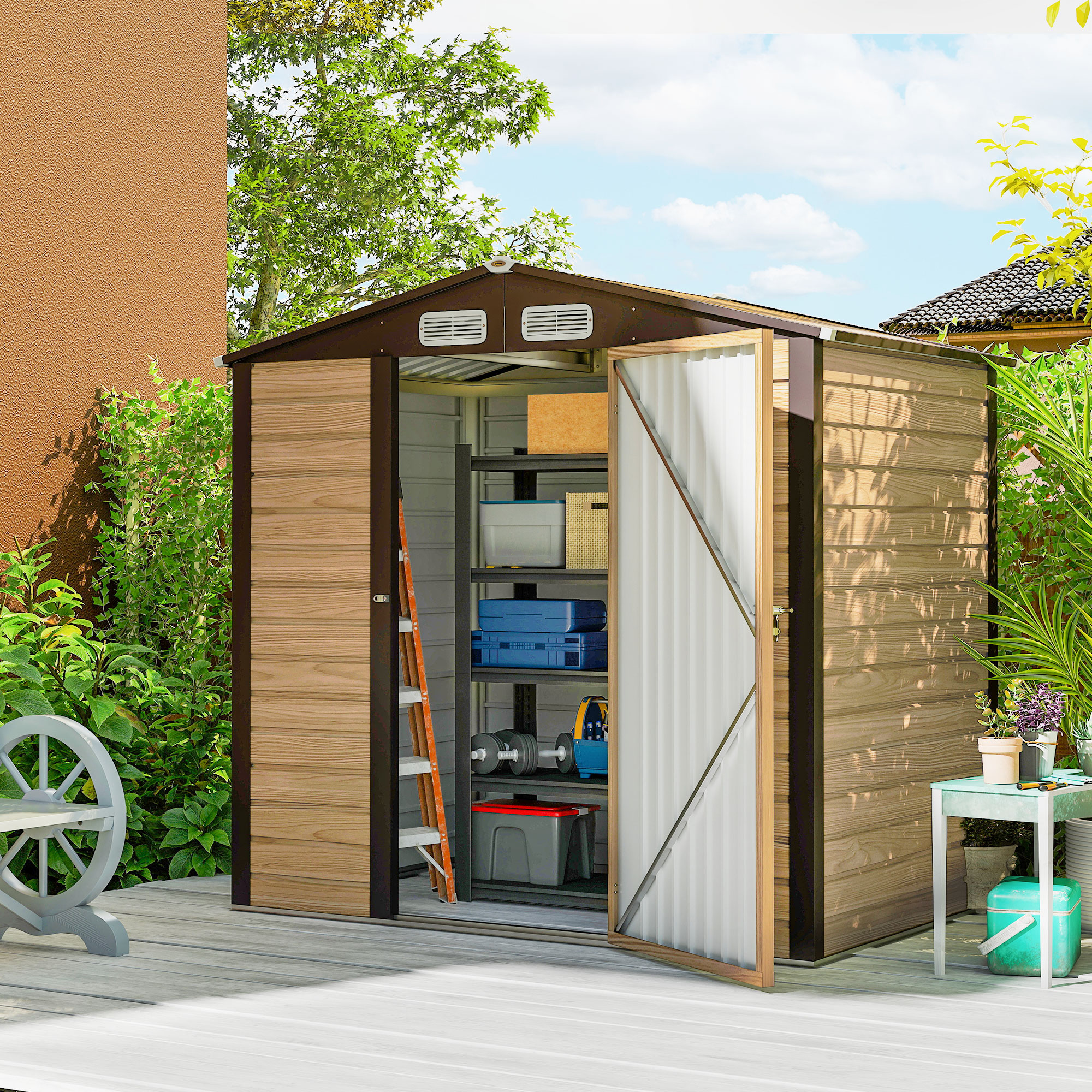 Outsunny Casetta da Giardino con Prese d'Aria e Catenaccio, Porta Attrezzi da esterno in Acciaio, 1.9x1.3m, Colore Quercia   Aosom Italy