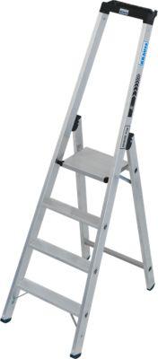 KRAUSE STABILO Stehleiter 4 Stufen, 225 kg, rutschhemmende Alu-Plattform, 80 mm D-Stufen, Sicherheitsbügel, Werkzeugablage