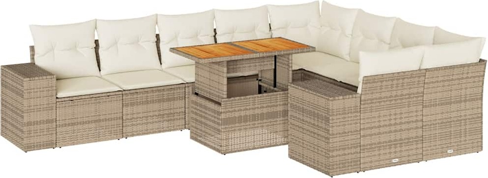 Garten-Sofagarnitur, 10-tlg., modular mit Stauraum, wasserfestem Beutel, Kissen, Poly Rattan, Akazienholz, Beige, UV-beständig