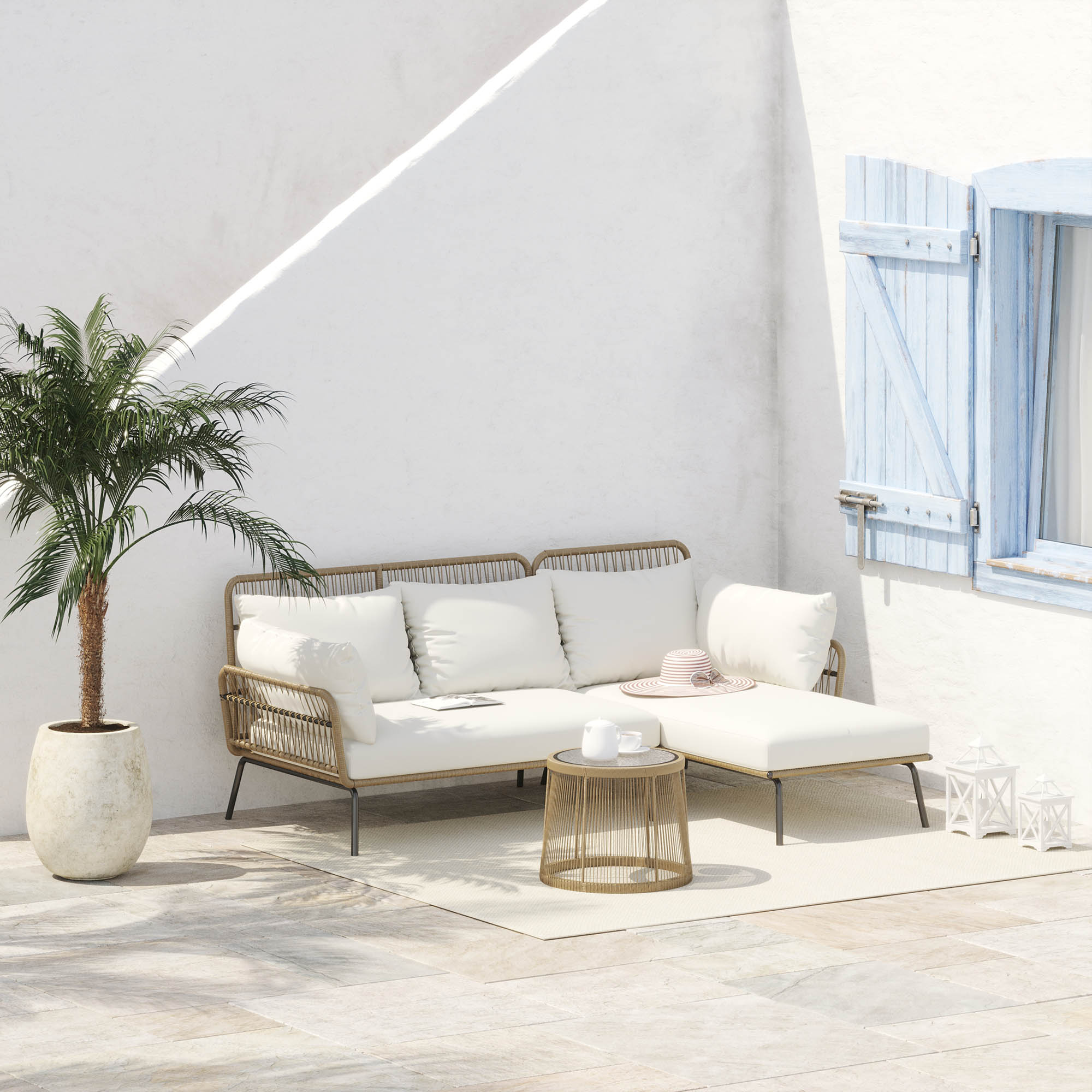 Outsunny Set da Giardino in Rattan Stile Boho Chic con Divano Angolare e e Tavolino, Beige e Caffè