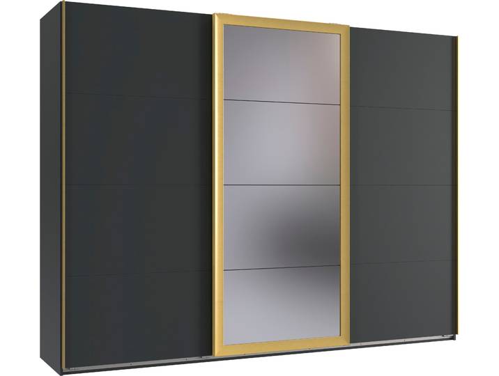 Schwebetürenschrank WIMEX Katar, Kleiderschrank erhältlich in den Breiten 225cm und 270cm , schwarz (grafit, absetzung gold matt), B:270cm H:208cm T:65cm, Holzwerkstoff, Schränke, Schwebetürenschrank, inkl. Spiegel, Akzente in Gold