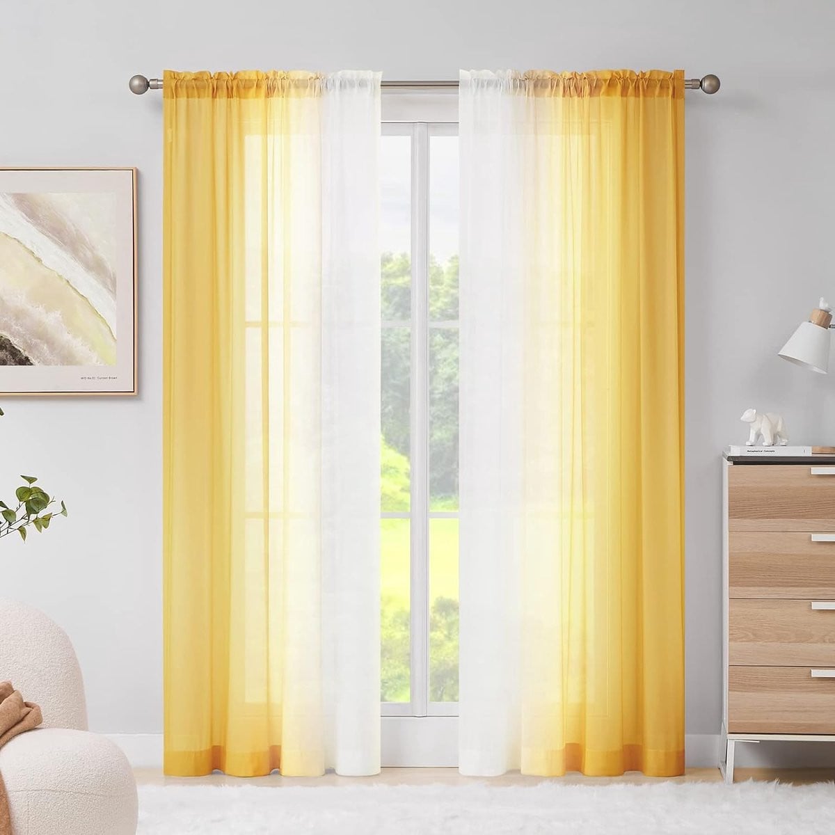 Set van 2 ombre transparante gordijnen met plooiband, geel, 225 x 140 cm