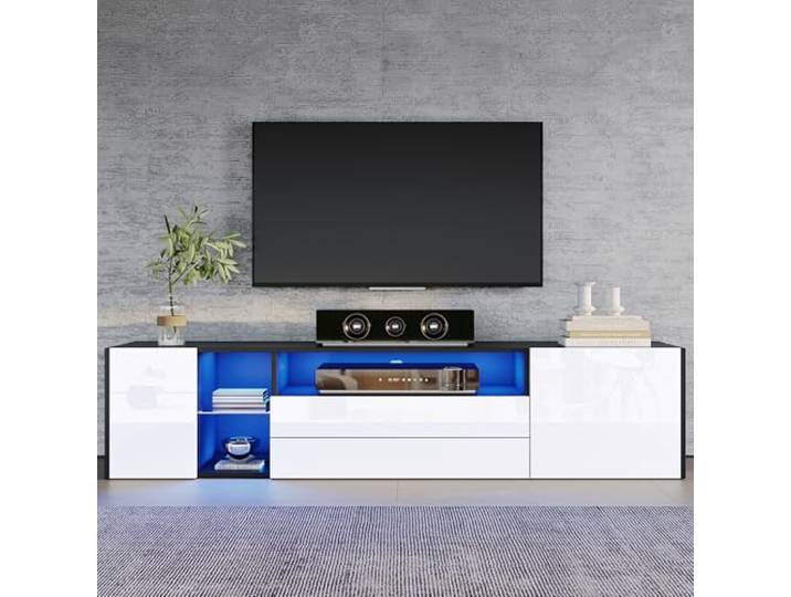 FammyLoft 180cm Hochglanz TV Schrank mit 2 Schubladen und 2 Schränken, TV Lowboard mit LED-Lichtstreife, Fernseher Schrank für Wohnzimmer, TV-Tisch, TV-Ständer, Schwarz und Weiß
