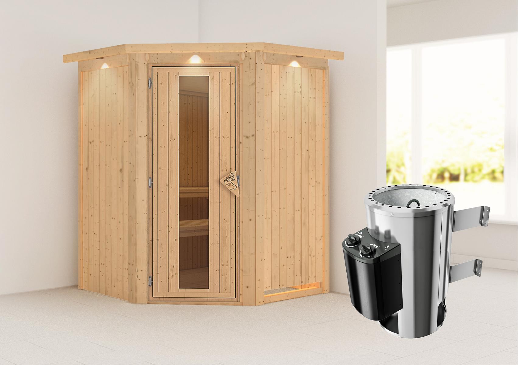 KARIBUHOLZT Sauna Nanja Eck 3,6kW int.Strg m.Isoliertür u.Dachkr 16879951