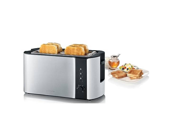 SEVERIN Automatik-Langschlitztoaster für 4 Toastscheiben, mit Brötchenaufsatz hochwertiger Edelstahl Toaster mit großen Röstkammern und 1.400 W Leistung, Edelstahl-gebürstet/schwarz, AT 2590