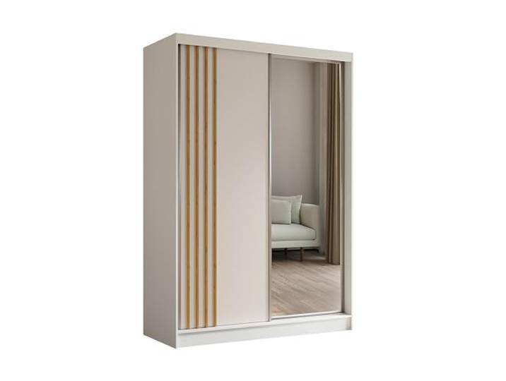 Margaret Hadas24 Kleiderschrank mit Lamellen und Spiegel, Organizer, Mehrzweckschrank, Schwebetürenschrank, Garderobenschrank, Kleiderstange, Kleiderständer, Flurschrank, 150 cm, weiß, braun