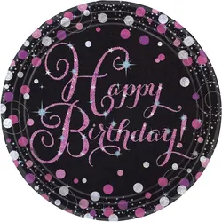 Happy Birthday 8 glitzer Teller pink schwarz