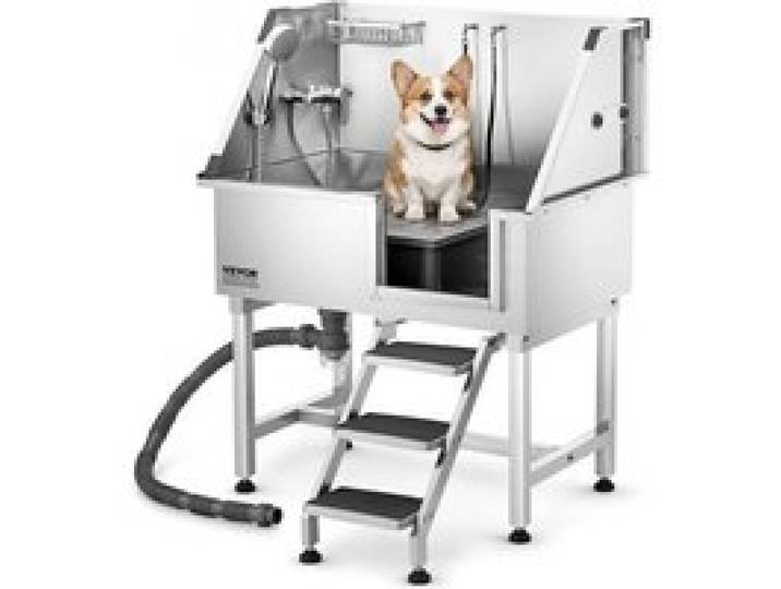 VEVOR Baignoire de Chien Acier Inoxydable, Baignoire de Toilettage pour Animaux de Compagnie 96 cm Station de Lavage Chat, avec Escalier à Droite, Robinet, Pommeau de Douche, Porte-savon, Porte Droite