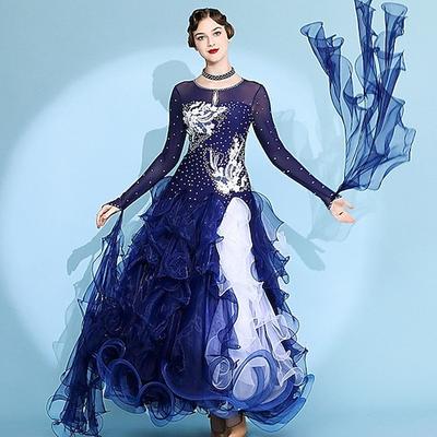 Damen-Ballsaal-Tanzkleid, marineblau, mit Federn verziert, Strass, mehrlagig, Organza, elegant, Walzer, Foxtrott, Wettkampf-Performance-Kleid
