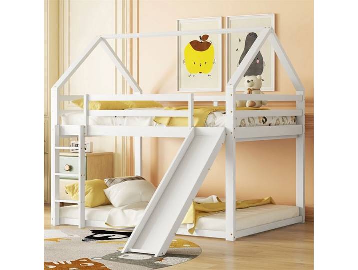 DRIPEX Lit Superposé 140x200cm avec toboggan Lit double avec échelle Lit maison cabane blanc