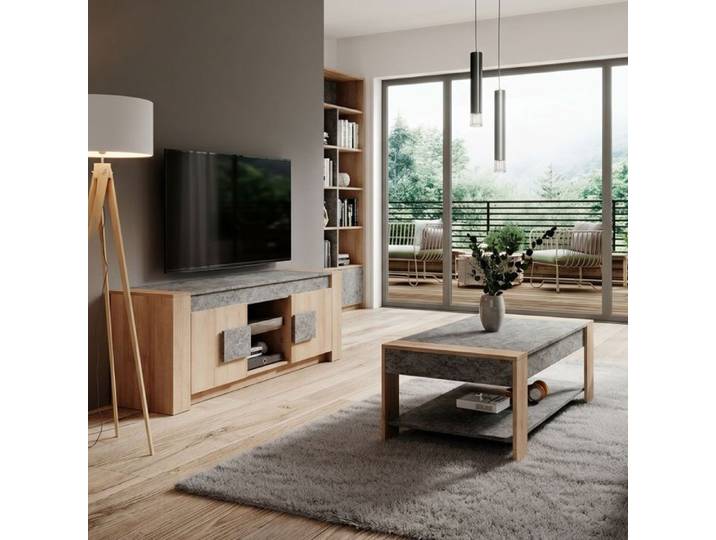 Ensemble table basse et meuble TV aspect chêne clair et granit gris - AZYA