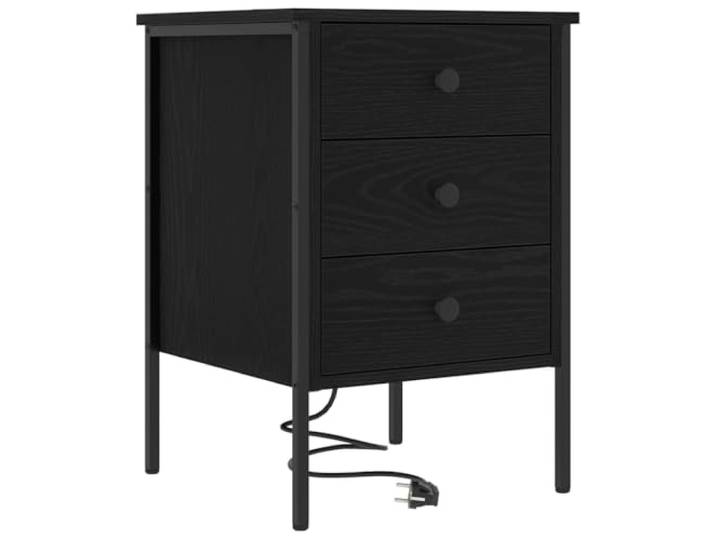 LMTYOENFG Nachttisch mit 3 Schubladen, 42x41x61 cm, Schwarz Eiche-Optik Rustikaler Beistelltisch fürs Schlafzimmer mit integrierter Ladestation und stabilem Stahlrahmen für geordnete Ablage.