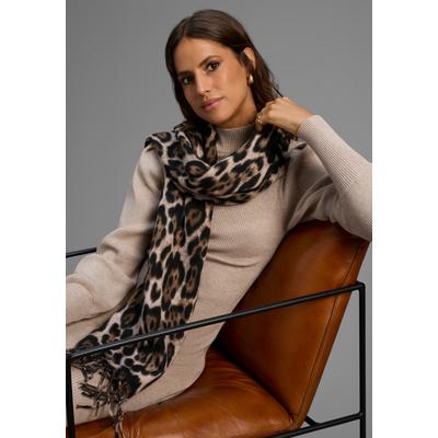Modeschal LAURA SCOTT, Damen, schwarz (beige, braun, schwarz), Web, Kunstfaser, gemustert, Modetücher, im trendigen Leopard-Design mit Fransen