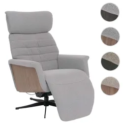 MCA Relaxsessel HWC-N56, Fernsehsessel Liegesessel Fußstütze drehbar Bouclé Stoff Holz ~ Stoff grau, Holz Walnuss-Optik