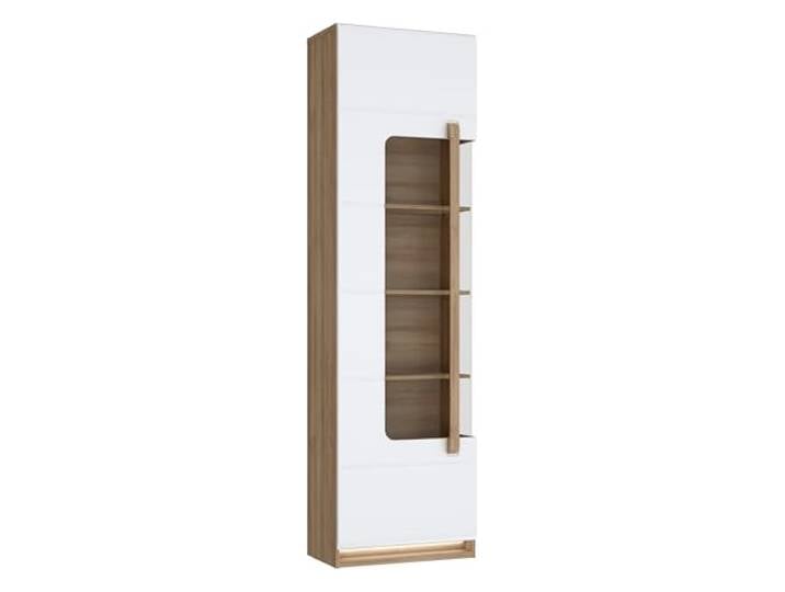 Forte Attention Vitrine 60, Moderne Vitrine, 1-türig, abgerundete Glasscheibe, Holzwerkstoff, Riviera Eiche Holzdekor/Weiß Glanz, 60,2 cm breit x 210 cm hoch x 34,3 cm tief