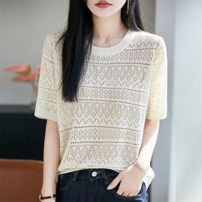 Lush Living Finds Breeza Hollow Knit Short Sleeve Top For Women Lightweight Summer Pullovers beige l