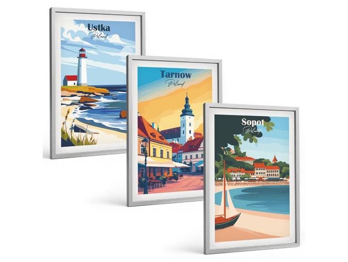 BILDER SET 3er Set - 40x60 cm Silberner Rahmen - Stadtansichten Ustka Tarnów Sopot