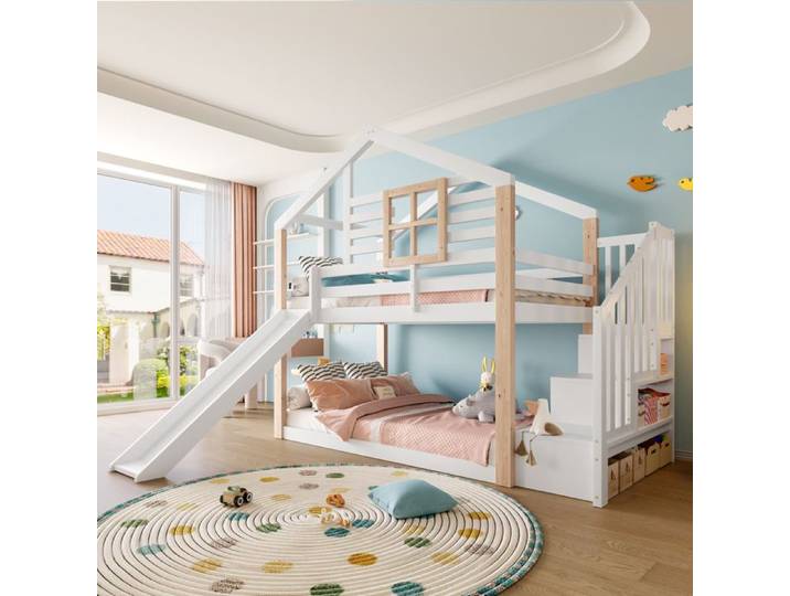Muvoe Lit superposé enfant avec Toboggan 90x200 cm -LumiNest- Lit cabane Protection Escalier de rangement Sommier inclus Blanc