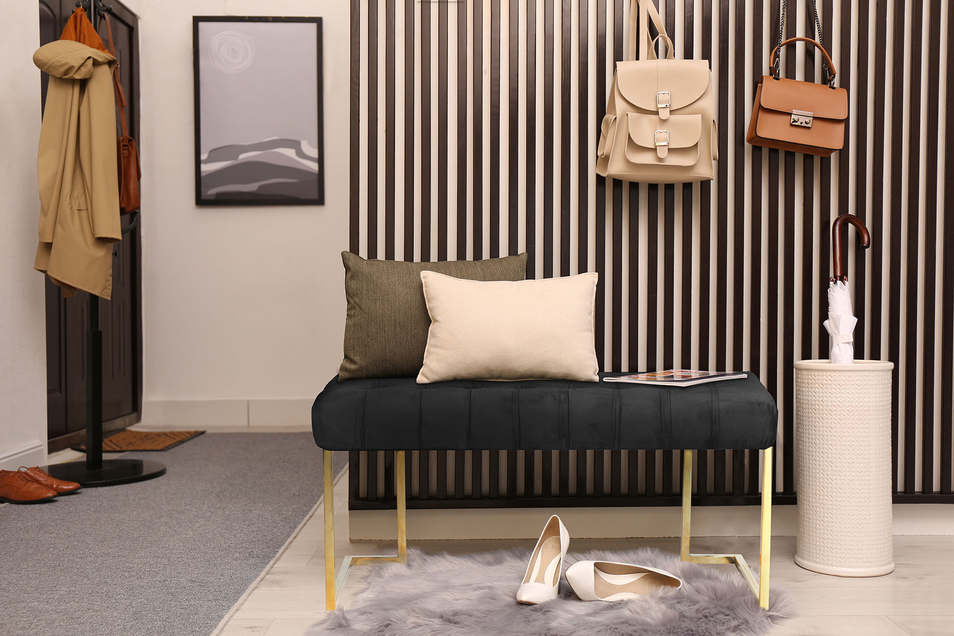 Sitzbank KAYOOM "Rarity 225, Edler Touch durch goldenes Gestell", schwarz, B:100cm H:48cm T:47cm, Bezug: 100% Polyester (Samt) Gestell: Edelstahl, Sitzbänke, Sitzbank, eckig, samtweich, gesteppt, mit Zierknöpfen, Edelstahlgestell