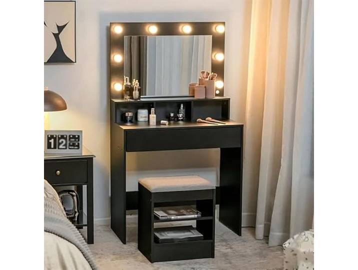 JooTech Schminktisch Make-up Tisch Frisiertisch Kosmetiktisch mit Hocker mit Spiegel mit Beleuchtung Schwarz