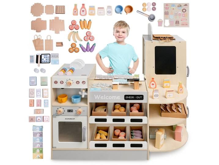 Mamabrum, grand magasin d'angle en bois avec machine à café et four, ensemble XXL 106 pièces pour enfants 3+ Montessori