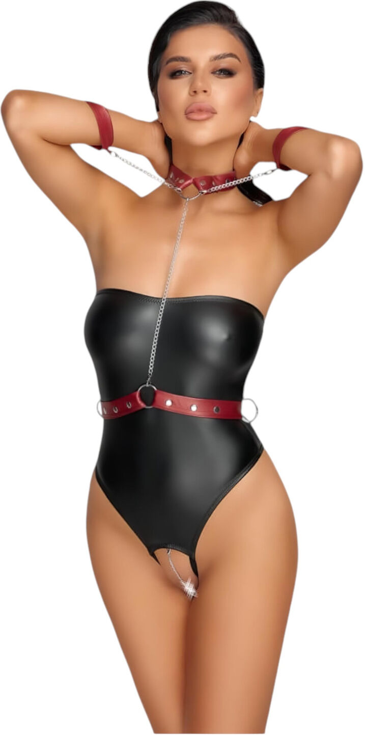 Cottelli Bondage - shiny bodysuit with arm and neck restraints (black) - M