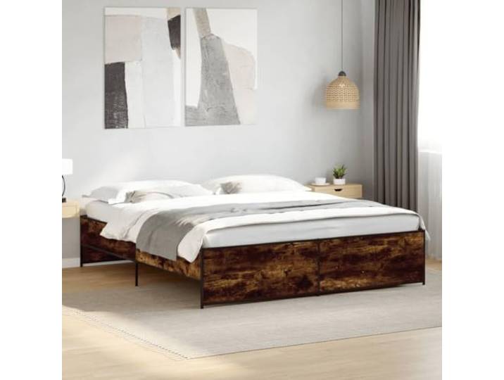 RJPLMFV Bettgestell, Holz, Technik, Raucheiche, 180 x 200 cm Robuste Metallfüße, Sperrholzlatten inklusive, Design Lattenrost, ohne Matratze