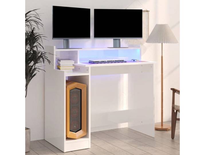 Blanc Bureau lumières LED Blanc brillant 97x45x90cm Bois d'ingénierie - Table de travail H8414