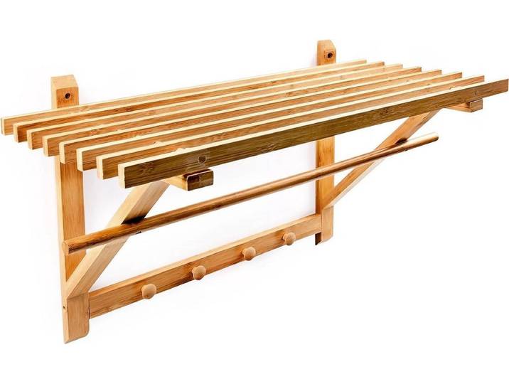 wandplank met 4 haken - bamboe - 30 x 60 x 35 cm - handdoekenrek - wandkapstok