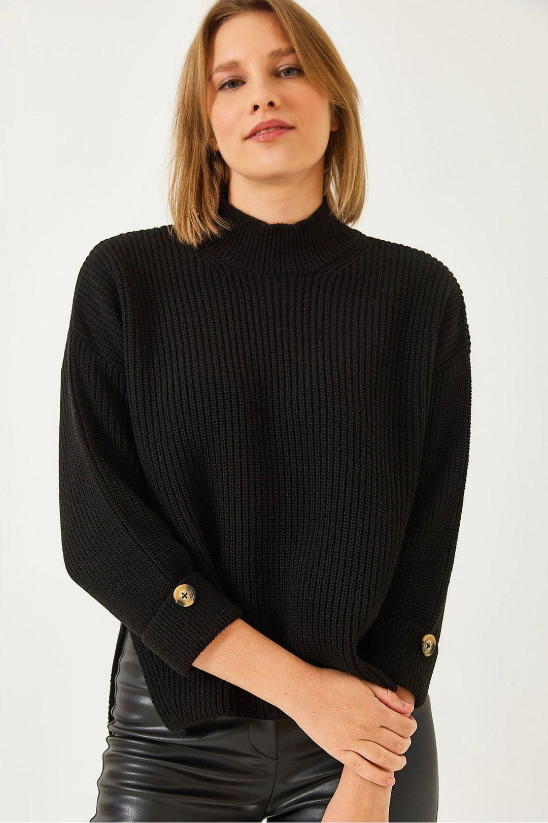 Getextureerde Gebreide Halfcol Sweater met Knopen Sluiting