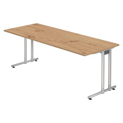 bümö Schreibtisch groß, N-Serie 200x80 cm, Tischplatte aus Holz in Asteiche, Gestell aus Metall in Silber - PC Tisch, großer Computertisch für's