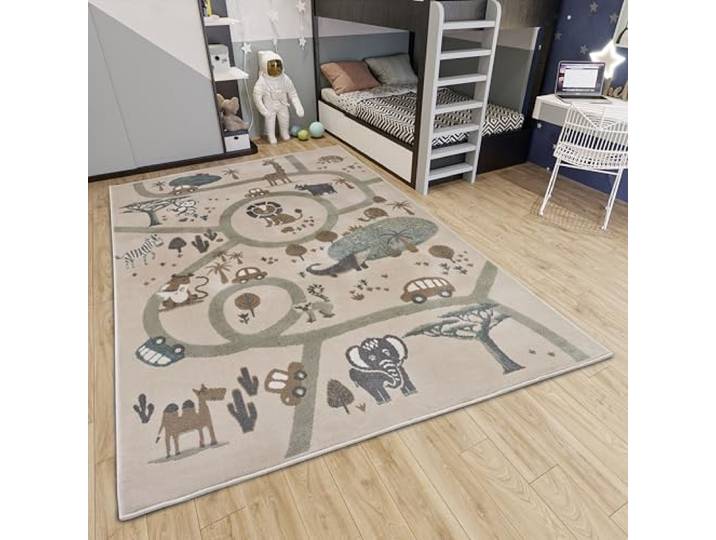 Hanse Home Adventures Tapis pour Enfant - Tapis de Jeu pour Chambre d'enfant et d'adolescent - Motif Rue - Motif Animaux de la Jungle - Gris - 120 x 170 cm