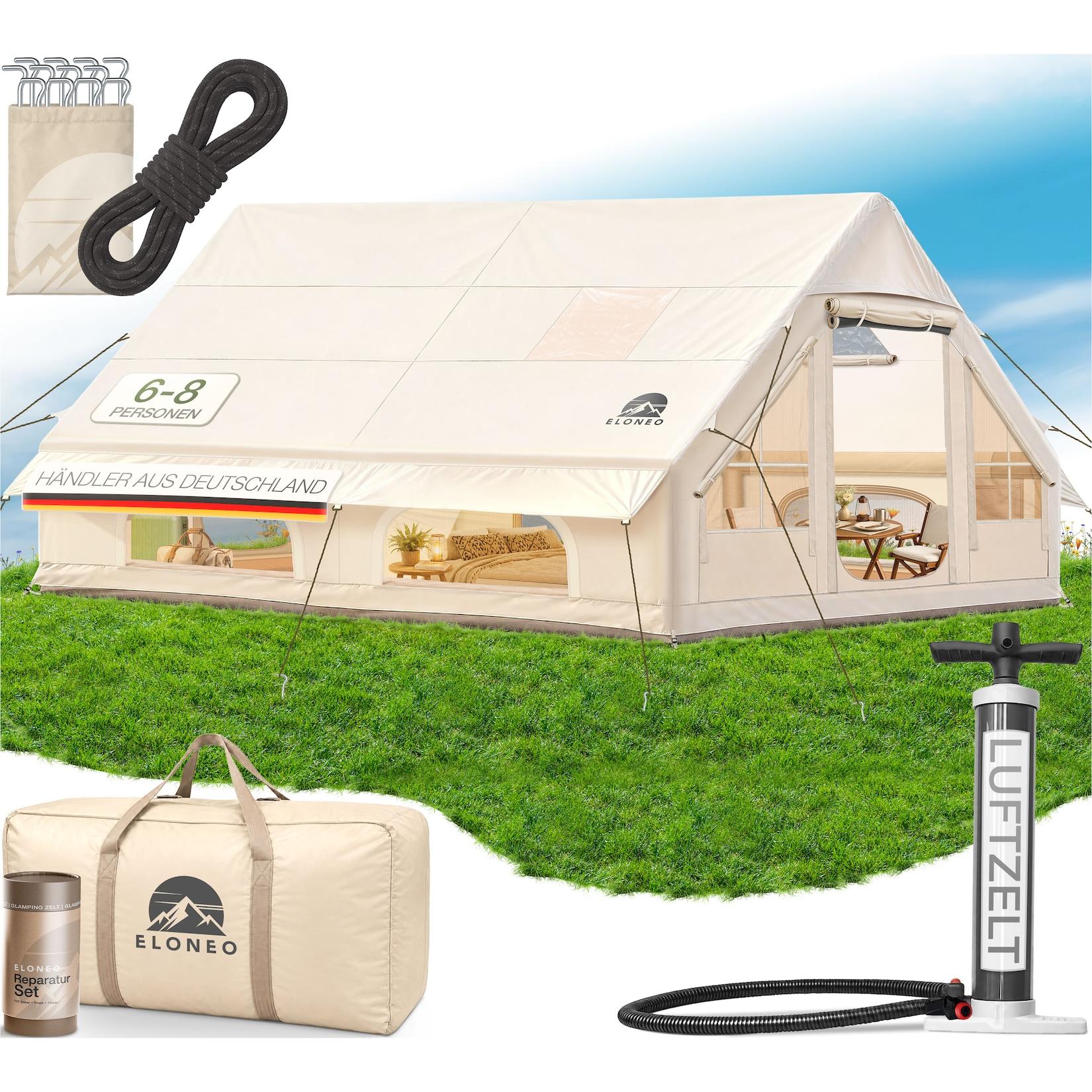 ELONEO aufblasbares Zelt für 4-8 Personen mit Dachfenster Luftpumpe Premium Glamping Zelt wasserdicht, Luftzelt, Inflatable Tent, Camping Zelt, beige